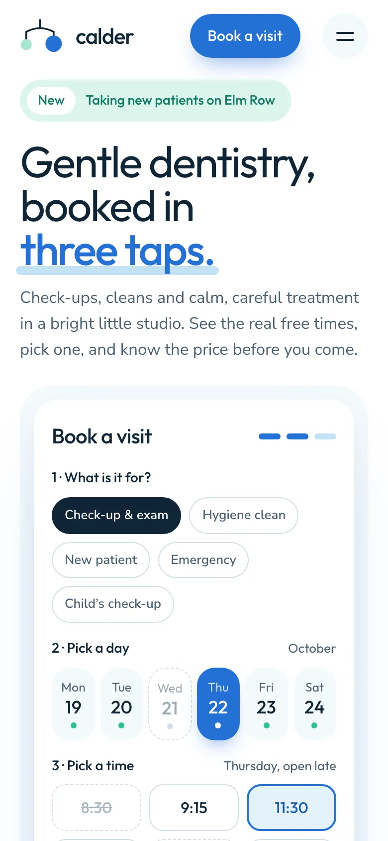 Calder Dental Studio homepage on a phone, a Modulr concept